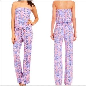 Lily Pulitzer Tia Iris Blue Jersey Strapless Sash Belt Pant Jumpsuit. Size XS